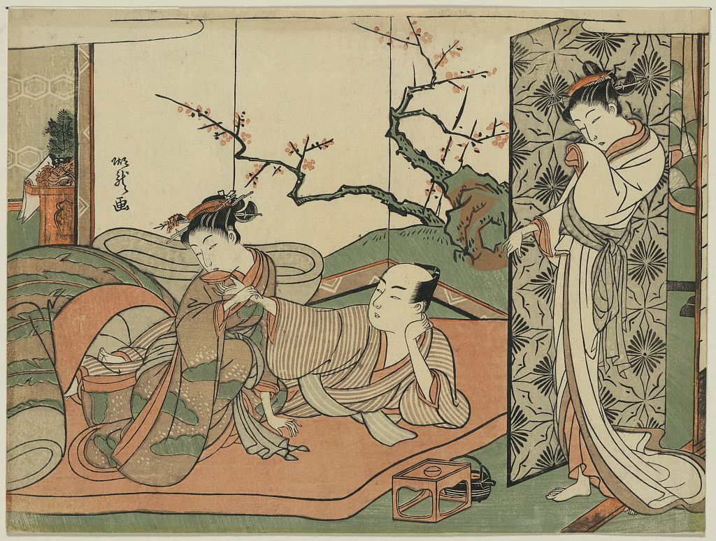 A picture of Futon no ue no sinzou to sore o nagameru yūjo
