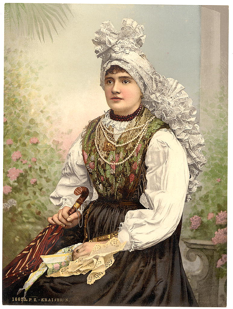 A picture of Girls in native costume, Carniola, Austro-Hungary