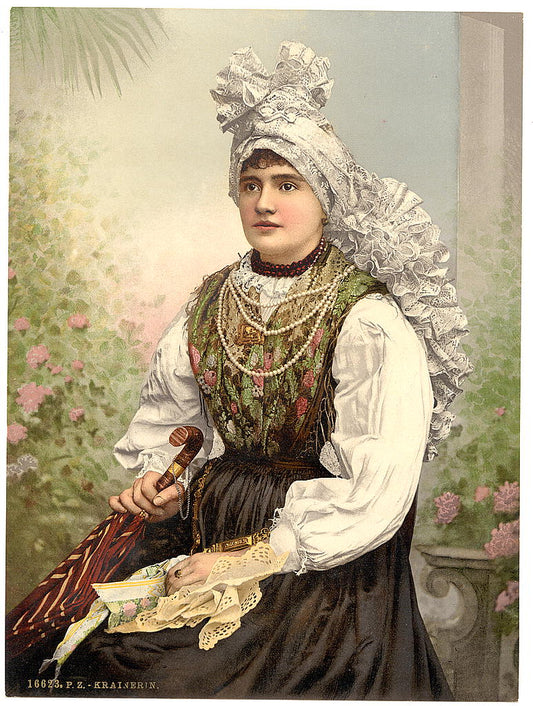 A picture of Girls in native costume, Carniola, Austro-Hungary