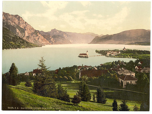 A picture of Gmunden, view towards Traunkirchen, Upper Austria, Austro-Hungary
