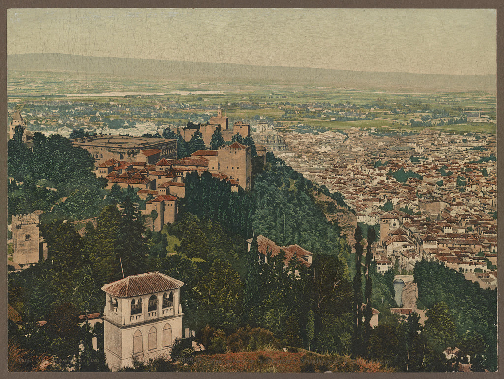 A picture of Granada. Vista general de la Alhambra y Grandada desde la Silla del Moro