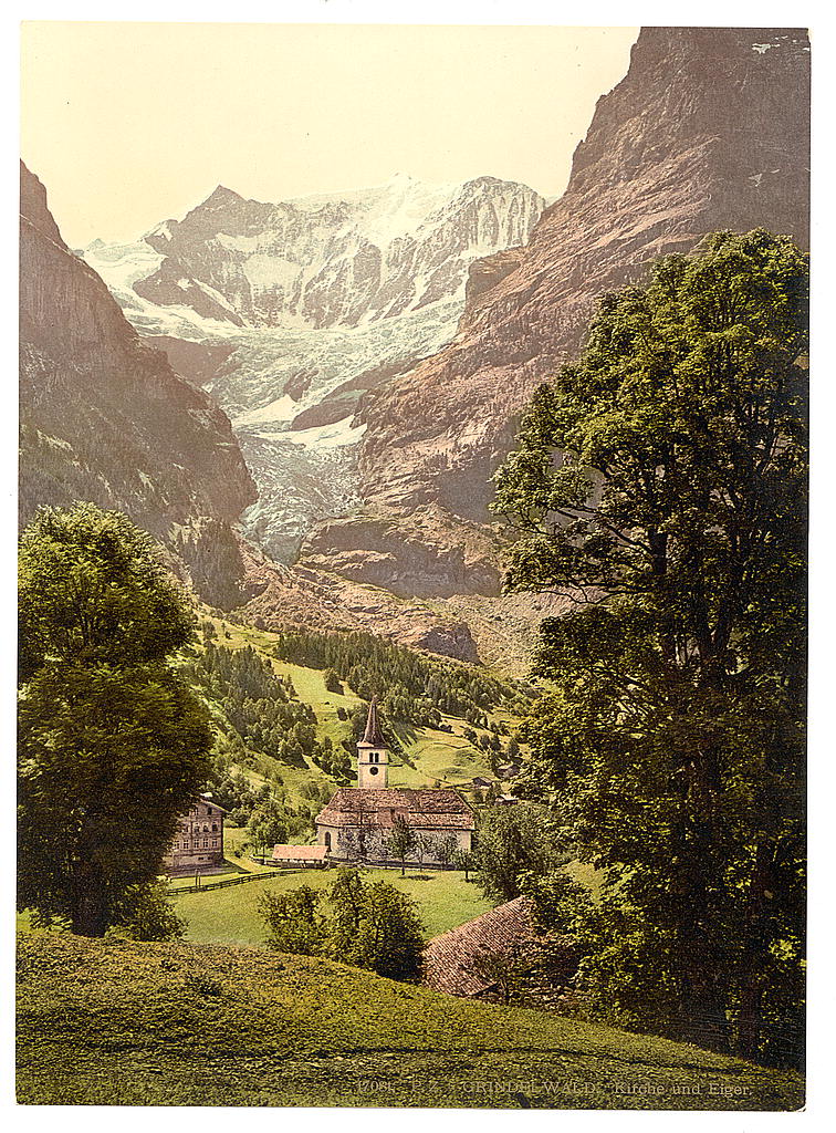 A picture of Grindelwald, church and Eiger Mountain, Bernese Oberland, Switzerland