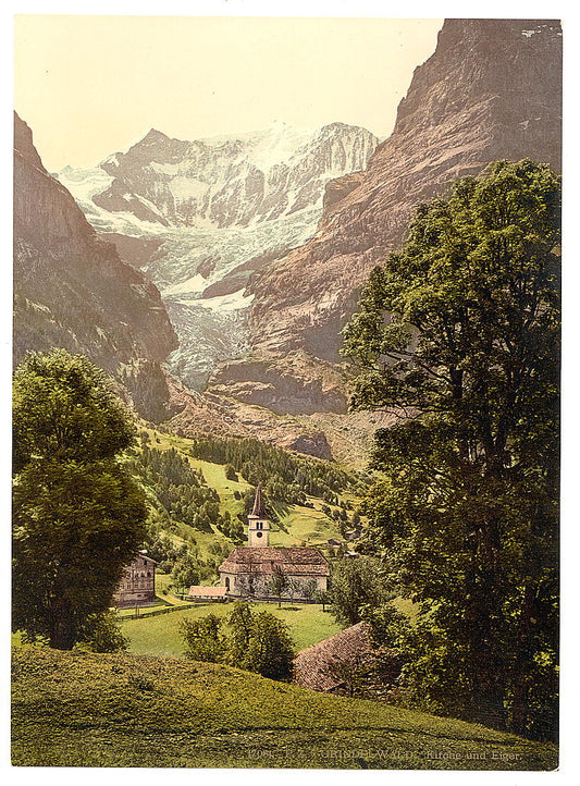 A picture of Grindelwald, church and Eiger Mountain, Bernese Oberland, Switzerland