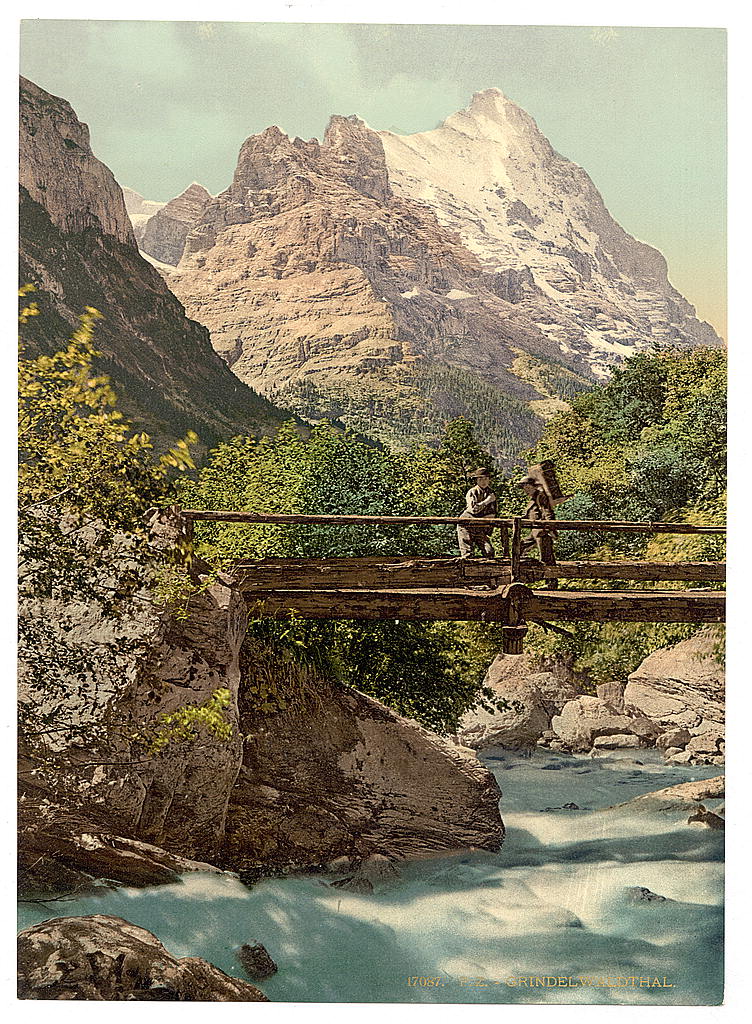 A picture of Grindelwald, footbridge and mountain peaks, Bernese Oberland, Switzerland