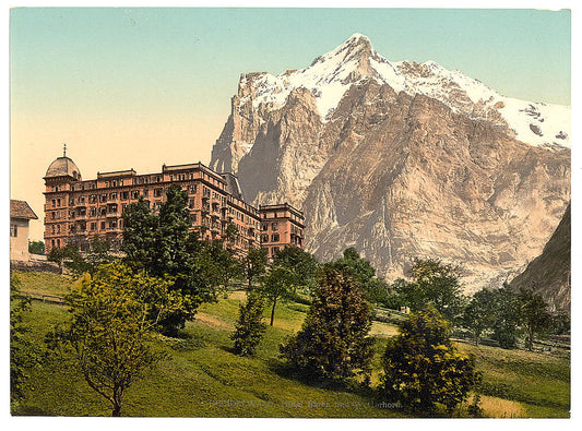 A picture of Grindelwald, view of Hotel Bären and Wetterhorn Mountain, Bernese Oberland, Switzerland
