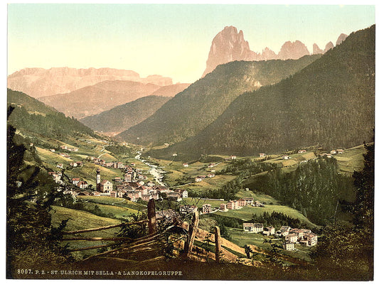 A picture of Grodenthal, St. Ulrich with Sella and Langkoflgruppe, Tyrol, Austro-Hungary