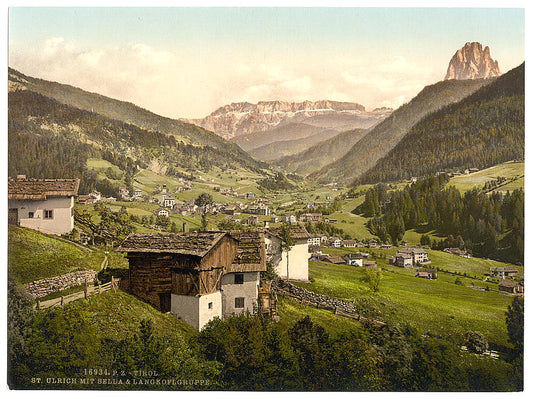 A picture of Grodenthal, with Sella, and Langkoflgruppe, Tyrol, Austro-Hungary