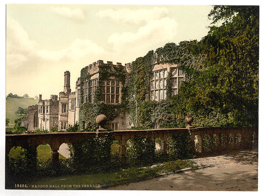 A picture of Haddon Hall, from terrace steps, Derbyshire, England