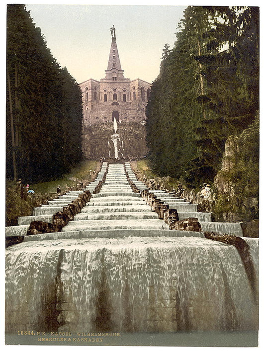 A picture of Hercules and Cascades, Wilhelmshohe, Cassel (i.e., Kassel), Hesse-Nassau Germany