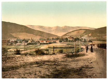 A picture of Hermsdorf, below the Kynast, with the Hochgebirge, Riesengebirge, Germany (i.e., Sobiecin, Poland)