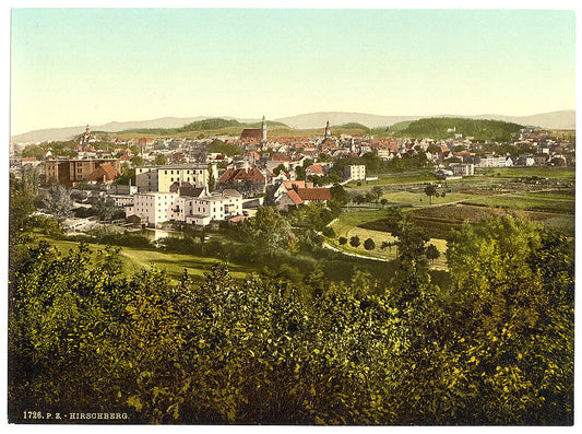 A picture of Hirschberg, seen from the Hausberg, Riesengebirge, Germany (i.e., Jelenia Góra, Poland)