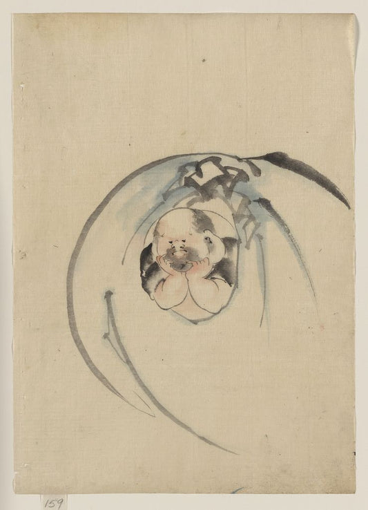 A picture of Hotei, the god of good fortune, one of the seven lucky gods, facing front with his head resting on his hands, peering out through an opening in his bottomless bag of goods