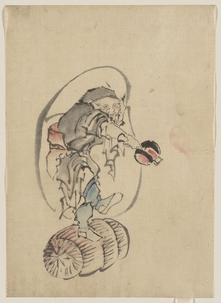 A picture of Hotei, the god of good fortune, one of the seven lucky gods, facing right, standing on a rolling barrel, holding a mallet in his right hand and carrying his large bottomless bag of goods