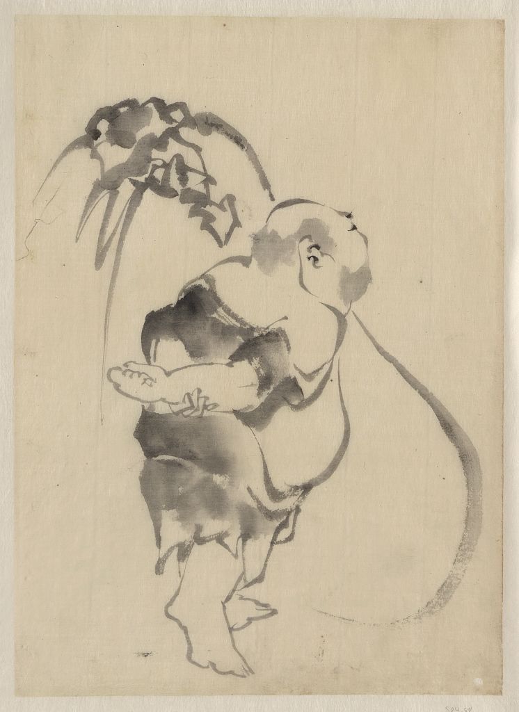 A picture of Hotei, the god of good fortune, one of the seven lucky gods, right profile, arms folded behind his back, standing in front of his large bottomless bag of goods