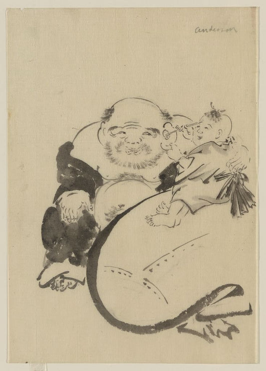 A picture of Hotei, the god of good fortune, one of the seven lucky gods, seated, facing front, next to his bottomless bag of goods on which a small child is sitting and who appears to be cleaning Hotei's left ear