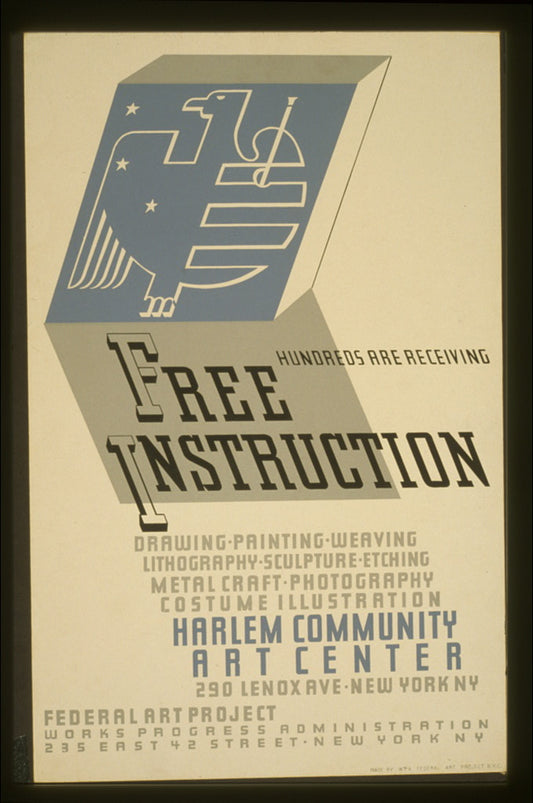 A picture of Hundreds are receiving free instruction Drawing, painting, weaving, lithography, sculpture, etching, metal craft, photography, costume illustration at Harlem Community Art Center.