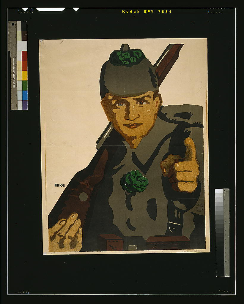 A picture of Ich gehe hinaus an die Front. Hast du die 6. Kriegsanleihe schon gezeichnet?