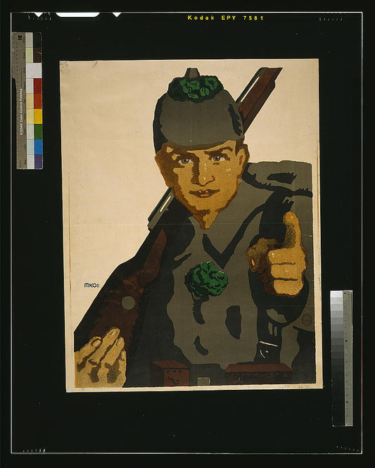 A picture of Ich gehe hinaus an die Front. Hast du die 6. Kriegsanleihe schon gezeichnet?