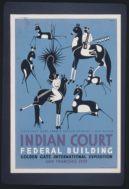 A picture of Indian court, Federal Building, Golden Gate International Exposition, San Francisco, 1939 Antelope hunt from a Navaho drawing, New Mexico /