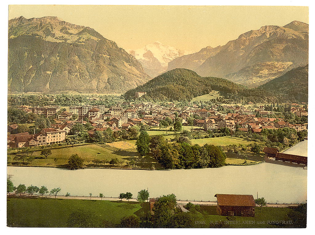 A picture of Interlaken and the Jungfrau, Aare River in foreground, Bernese Oberland, Switzerland