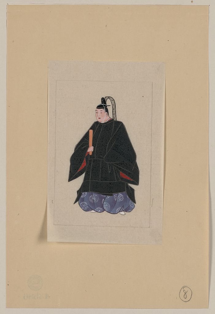 A picture of Japanese man, full-length, standing, facing left, wearing minister's robe over kimono