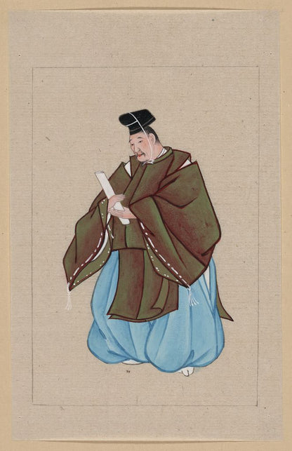 A picture of Japanese man, full-length, standing, facing left, wearing minister's robe over kimono