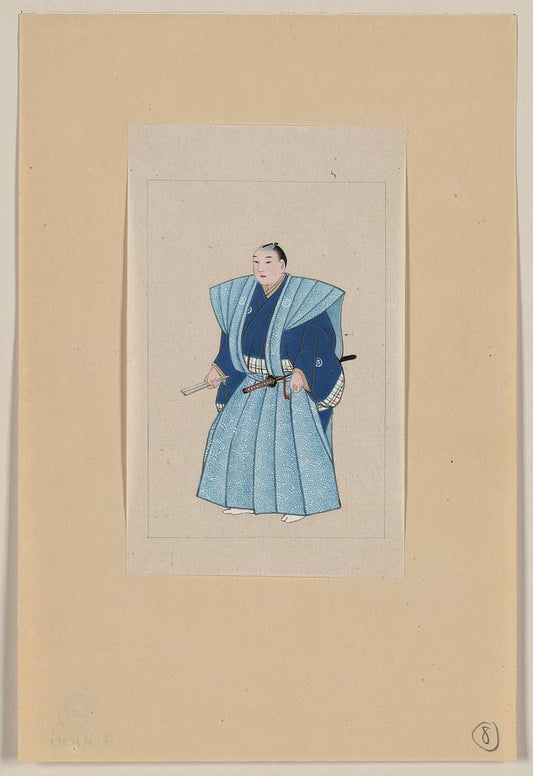 A picture of Japanese man, full-length, standing, facing left, wearing robe over kimono