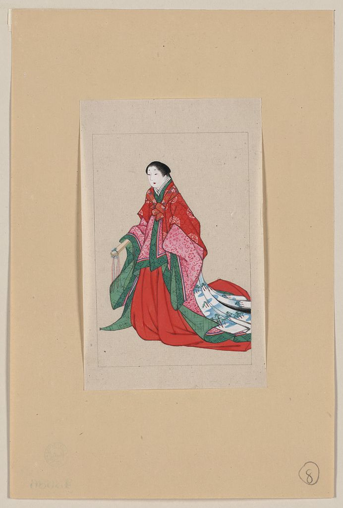 A picture of Japanese woman, full-length, standing, facing left, wearing robes of a noblewoman, such as empress or princess; also shows custom of artificial eyebrows