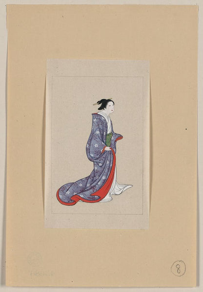 A picture of Japanese woman, full-length, standing, facing right, wearing robe over kimono