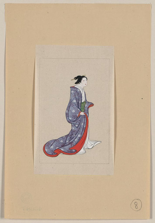 A picture of Japanese woman, full-length, standing, facing right, wearing robe over kimono