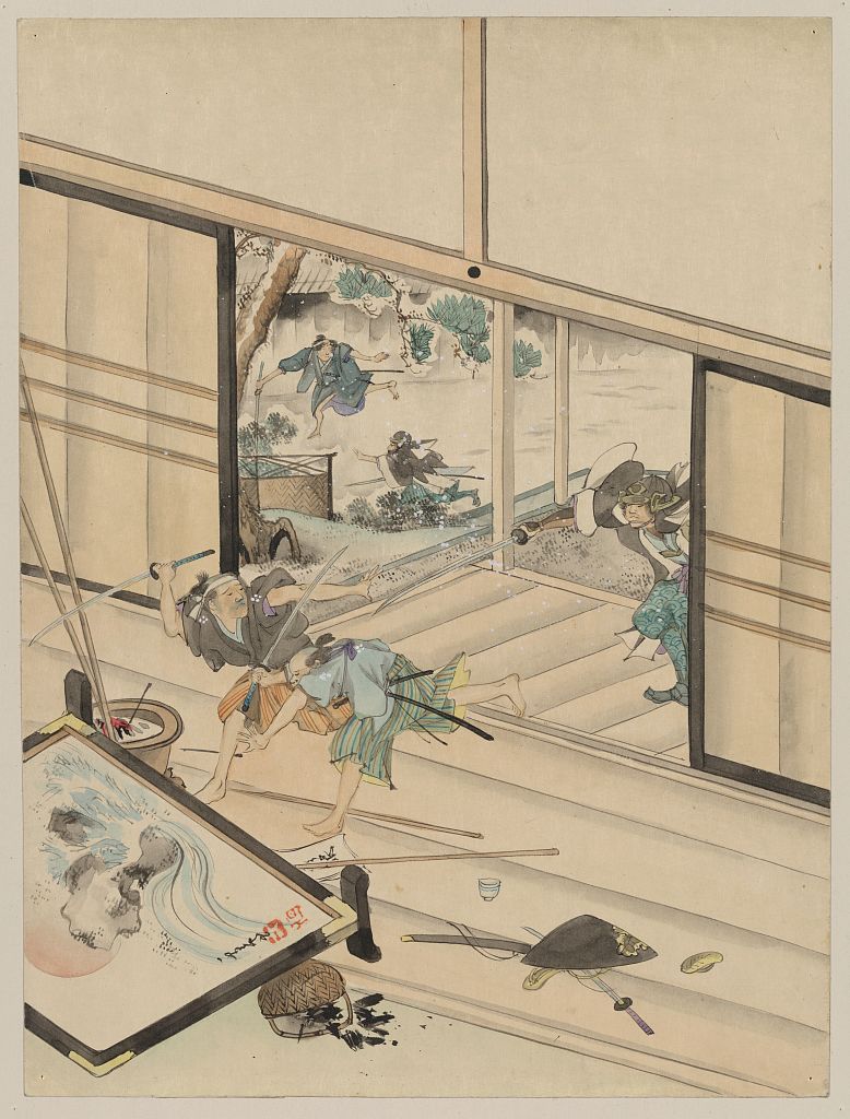 A picture of Jūichidanme - act eleven of the Chūshingura - assault on Kira Yoshinaka's home - pursuing the guards