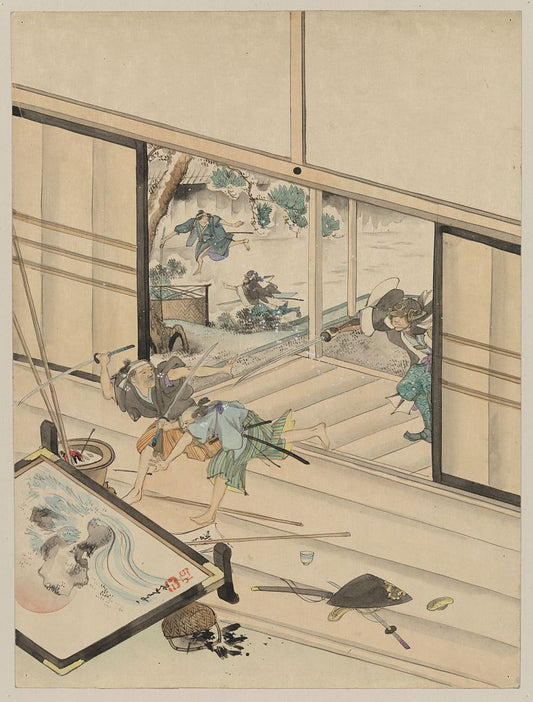 A picture of Jūichidanme - act eleven of the Chūshingura - assault on Kira Yoshinaka's home - pursuing the guards