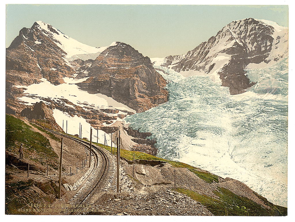 A picture of Jungfrau, railroad, Eiger and Monch, with Eiger Glacier, Bernese Oberland, Switzerland