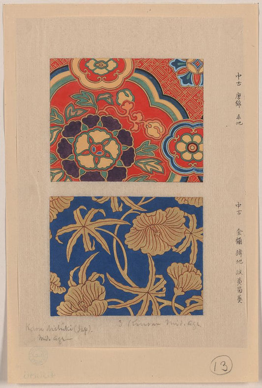 A picture of Kara nishiki (Chinese brocade) with red background Kinran (gold brocade) with hollyhock on blue background.