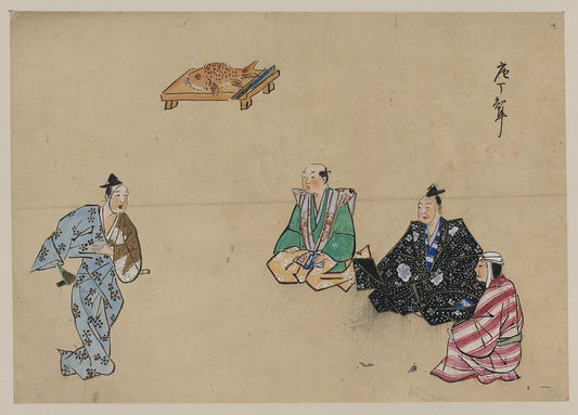 A picture of Kyōgen play with four characters, two wear hats, one possibly portraying a woman; there is a fish with carving knife on tray in the background