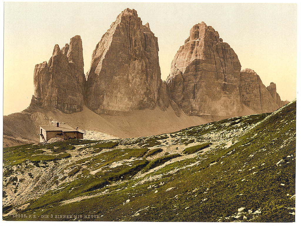 A picture of Landro, the Three Spires (i.e., Drei Zinnen), and hut, Tyrol, Austro-Hungary