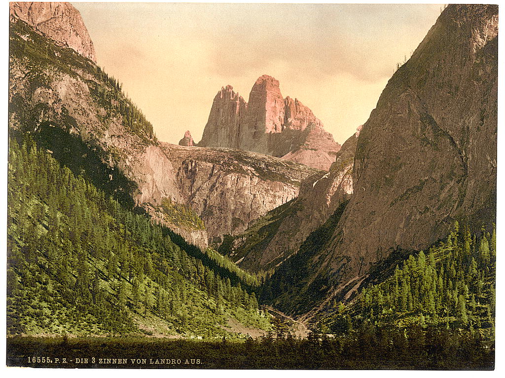 A picture of Landro, the Three Spires (i.e., Drei Zinnen), Tyrol, Austro-Hungary
