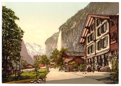A picture of Lauterbrunnen Valley, street view with Staubbach Waterfall, Bernese Oberland, Switzerland