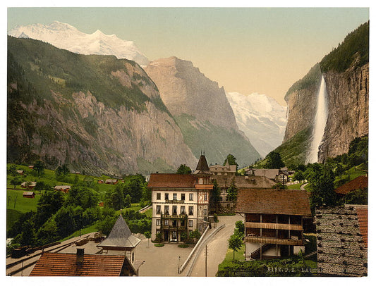 A picture of Lauterbrunnen Valley with Staubbach and Hotel Steinbock, Bernese Oberland, Switzerland