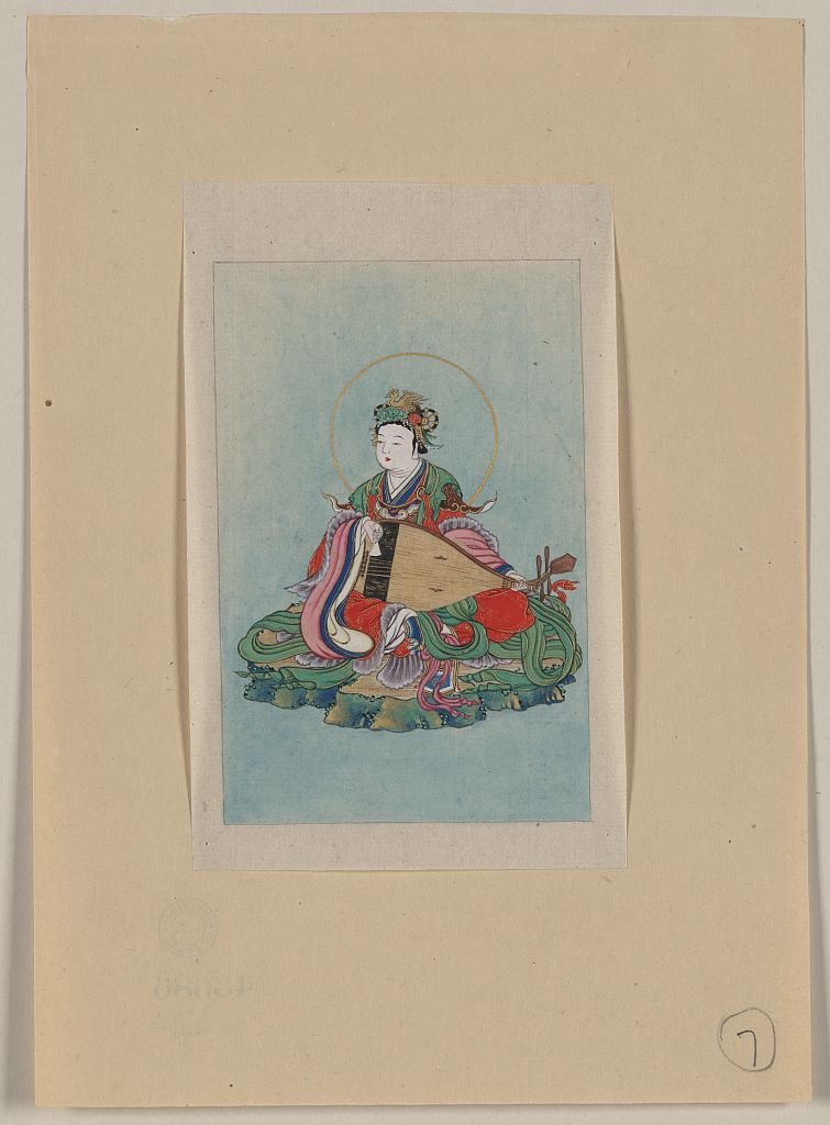 A picture of Man or a woman wearing ceremonial costume with a phoenix-motif headdress, seated, facing slightly left, playing a biwa