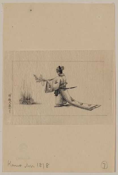 A picture of Man wearing a sokutai, a long ceremonial robe, offering branches to a fire