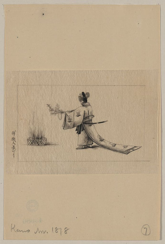A picture of Man wearing a sokutai, a long ceremonial robe, offering branches to a fire