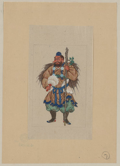 A picture of Man wearing ceremonial costume, carrying a long staff (possibly a small tree trunk sprouting a branch with leaves) and a fan made of feathers; appears to have wings that terminate in sharp points