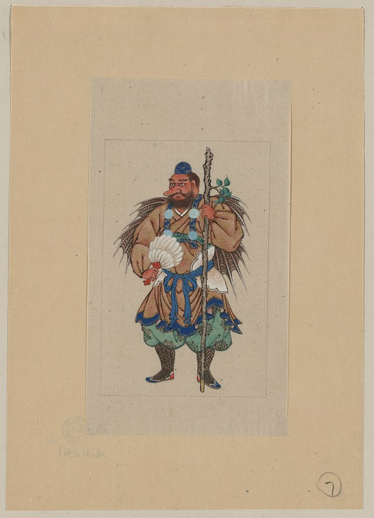A picture of Man wearing ceremonial costume, carrying a long staff (possibly a small tree trunk sprouting a branch with leaves) and a fan made of feathers; appears to have wings that terminate in sharp points