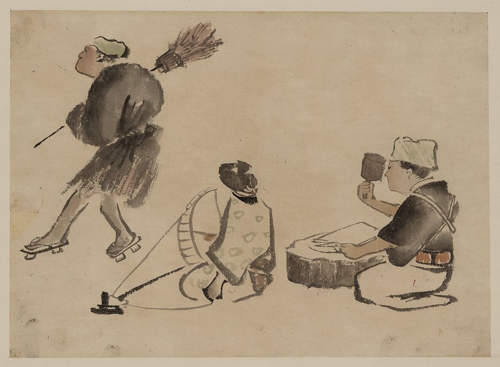 A picture of Man with a broom, wearing geta; woman with spinning wheel; man with a mallet