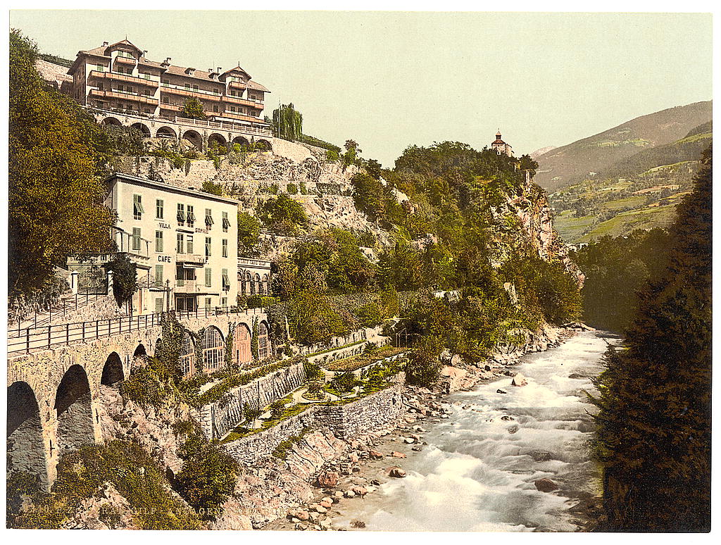 A picture of Meran, Gilf-Anlagen and Zenoberg (i.e., Zenoburg), Tyrol, Austro-Hungary