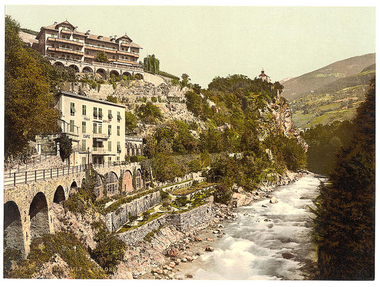 A picture of Meran, Gilf-Anlagen and Zenoberg (i.e., Zenoburg), Tyrol, Austro-Hungary