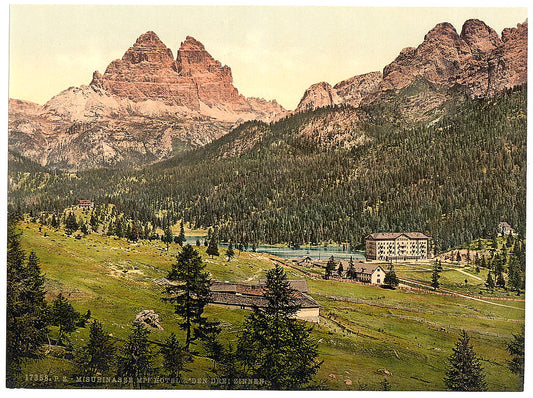 A picture of Misurinasee and the Three Spires (i.e., Derl Zinnen), Tyrol, Austro-Hungary