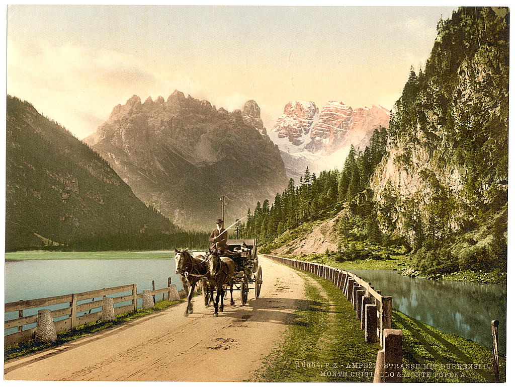 A picture of Monte Cristallo and Mont Popena, Ampezzostrasse with Durrensee, Tyrol, Austro-Hungary
