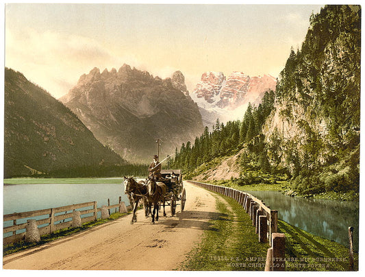 A picture of Monte Cristallo and Mont Popena, Ampezzostrasse with Durrensee, Tyrol, Austro-Hungary